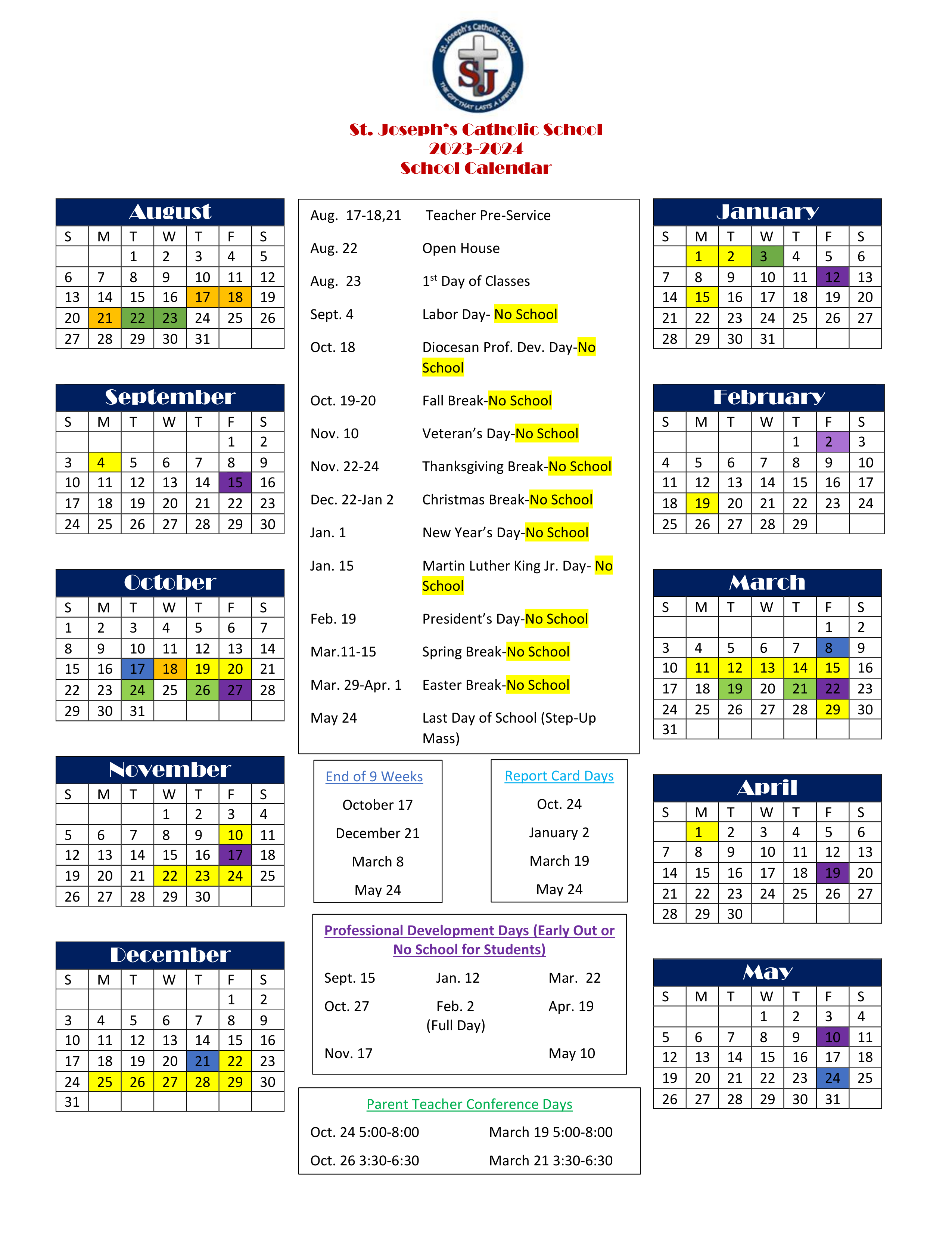 School Calendar St. Joseph s Catholic School